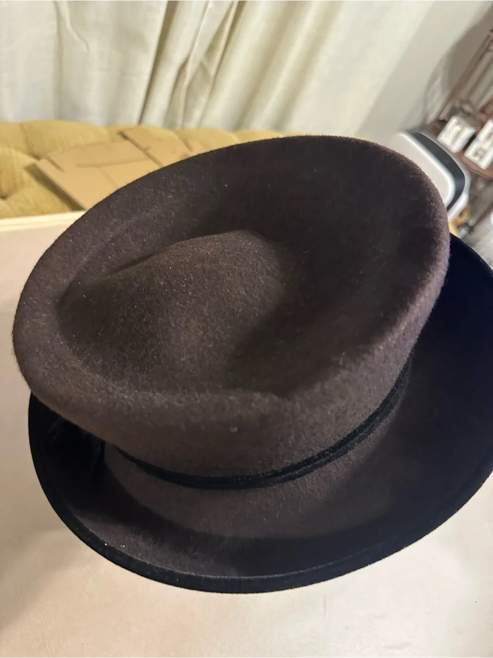 Eric Javits Brown Wool Hat with Black Ribbon Tag flat top - Picture 4 of 7